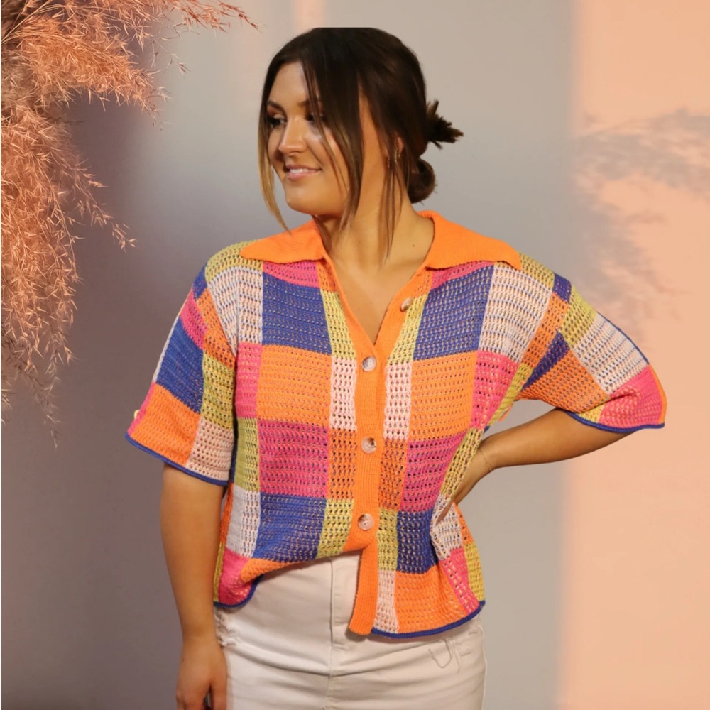 DAVI & DANI Vibrant Patchwork Button-Down Shirt